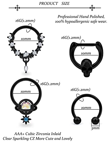 Vsnnsns 16G Septum Rings Piercing Jewelry 316L Stainless Surgical Steel Skull Flower Dangle Clicker Horseshoe Septum Nose Rings Hoop Piercing Jewelry for Women Men Silver Black Rose Gold 10mm2