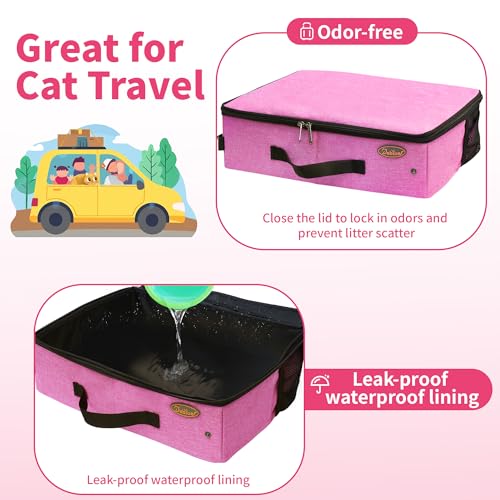 Image of Deblue Portable Cat Travel Litter Box with Lid, Collapsible Waterproof Cat Litter Carrier Box Lightweight Litter Box for Large Traveling Cats, Leak-Proof, Sturdy - Pink L