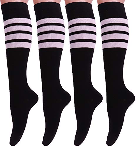 4 Pairs Women Casual Knee High Tube Socks Long Stripe Cotton Crew Socks, S57 Size 5-9 (Black)