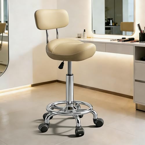 Image of Saddle Stool with Back and Ring Pedal, Adjustable Hydraulic Rolling Chair with Wheels for Salon, Spa, Medical, Massage & Drafting Use Khaki
