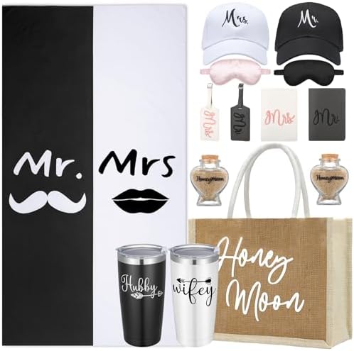 Rtteri 14 Pieces Wedding Gifts for Couple Mr and Mrs Honeymoon Gifts Bride and Groom Gifts Include Wedding Towels 20 oz Wine Tumbler Hat Passport Holder Baggage Tag Glass Bottle Honeymoon Tote Bag
