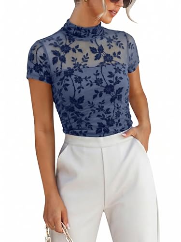 ANRABESS Womens Summer Sexy Mock Turtle Neck Short Sleeve Tops Sheer Mesh Shirts Slim Blouse Trendy Ruched Going Out Outfits Dusty Blue Floral-XL