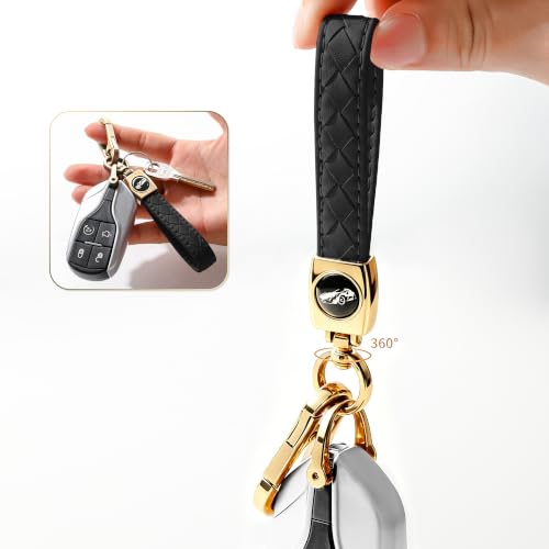 Image of Gkeygo Carabiner Keychain, Universal Heavy Duty Woven Handmade Leather Key Chain, Car Fob Key Keychains with 360 Degree Rotatable Snap Swivel and Anti-Lost D-Ring for Men and Women,Light Gold - Black