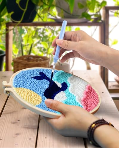 Image of TINDTOP Punch Needle Kits, Punch Needle Embroidery Kits for Adults | 3 Pack, Tool with Punch Needle Fabric, Hoops, Yarns and Sewing Needles (Whale)