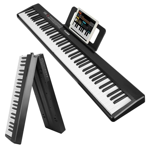 KOCASO Electronic Piano Keyboard 88 Keys Folding Piano Keyboard Foldable Full Size Semi Weighted Digital Electronic Piano with LCD Screen Carry Bag Mic Sheet Music Stand Sticker for Beginners/Black
