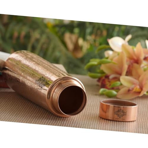 Image of INDIAN ART VILLA Copper Drinkware Pyramid Shape Embossed Design Copper Bottle, 800 ML, Printed Shine Brown