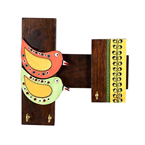 Image of AAKRITI ART CREATIONS Key Holder, Handcrafted Tribal Art Bird Theme Key Hanger | Rustic Wood Wall Organizer with 4 Hooks | New Home Gifts | Multifunctional Entryway Decor Item