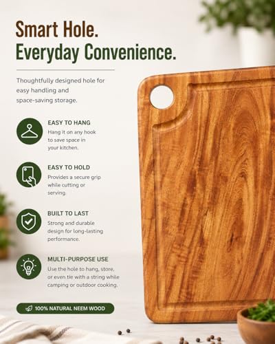 Image of Pure Neem Wood Chopping Board | Natural Anti-Bacterial Wooden Cutting Board for Kitchen | Knife Friendly, Durable & Eco-Friendly Board for Vegetables (Juice Groove Solid Chopping Board)
