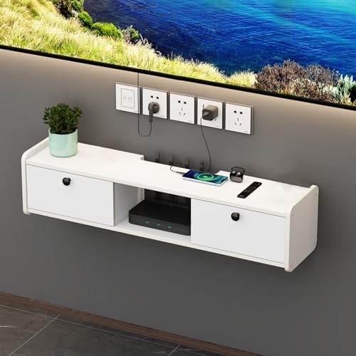 Étagère murale TV flottante blanche 100cm, meuble décodeur peu encombrant pour salon