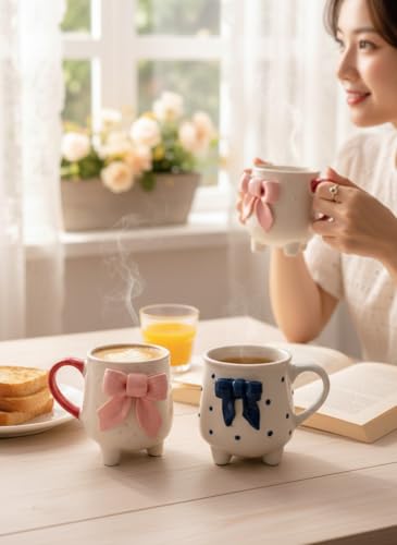 Image of Ceramic Bow Cup with Legs (Blue & Pink) - Set of 2 Cute Aesthetic Coffee Mugs | Designer Tea Cups for Girls | Microwave & Dishwasher Safe | Unique Gift for Birthday, Best Friend & Special Occasions