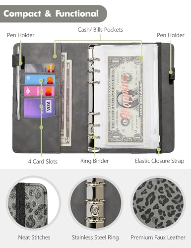 Image of A6 Budget Binder for Money Saving, Budget Planner, Money Organizer for Cash | with 8 Cash Envelopes, Budget Sheets & Rose Gold Category Stickers, PU Leather, Grey Leopard