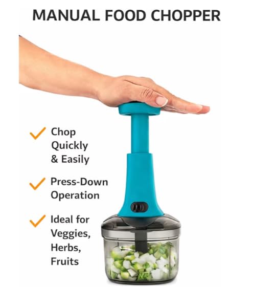 Image of Hand Push Vegetable Chopper | Manual Food Chopper with Stainless Steel Blades | Onion Cutter, Garlic Cutter, Chilli Cutter | M (Blue, M)