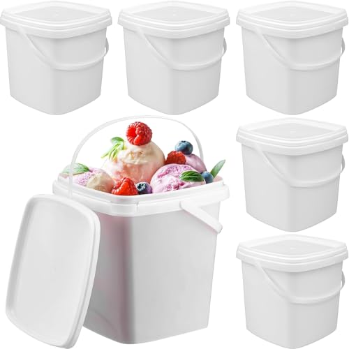 Lot de 6 seaux en plastique blanc avec poignée et couvercle, bacs à crème glacée, conteneurs carrés réutilisables, passent au congélateur et au micro-ondes, seau tout usage pour la maison, la cuisine