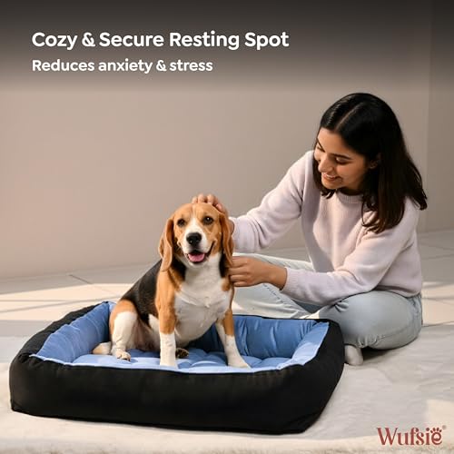 Image of Reversible Rectangle Dog Bed | Medium 60 X 75 Cm Pet Bed for Dogs and Cats | Premium Velvet, Washable Fabric | Soft Sofa-Style Bed for Dog with Thick 15 Cm Insert | Black & Sky Blue