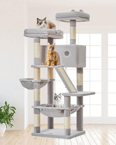 Taoqimiao 146cm Kratzbaum, Stabiler Katzenbaum für Große Katzen, MS026W | 8 Kratzsäulen, Mehrstöckig, Einfache Montage, Katzenkratztafel, Große Katzenhäuser, Hängehängematte, Korb,