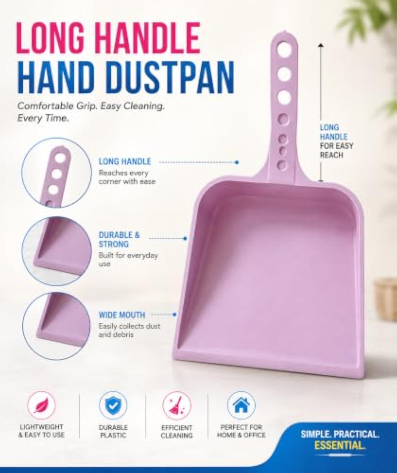 Plastic Unbreakable Dustpan Big Size with Long Handle, Pack of 2