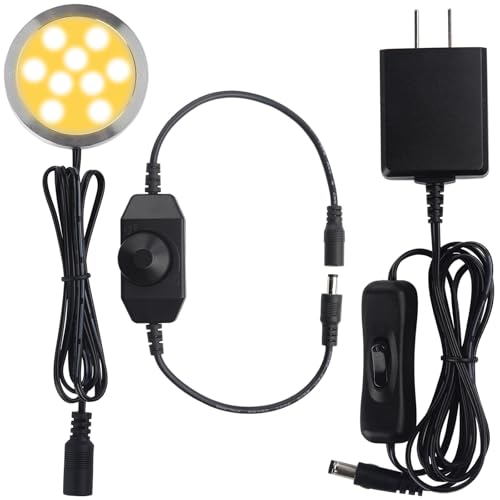 Image of Under Cabinet LED Puck Lighting, Single Light for Hutch Bookcase Display Shelf Lighting, Rotary Dimmer Switch, 120VAC Plug in, Black Cord, Warm White