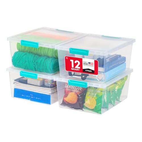 IRIS USA 12 Qt. Craft Storage Bins with Lids, 4-Pack, |Made in USA|, Clip Box, Medium Plastic Sensory Bin Tote Organizer Containers for Art Supplies, Paper, & Office, Stackable - Clear/Seafoam Blue