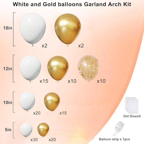 Image of White and Gold Balloons Garland Arch Kit, White and Gold Confetti Latex Balloons for Graduation, Wedding, Baby Shower, Engagement, Birthday Party Decorations
