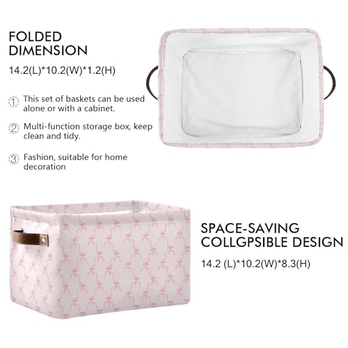 Image of Wamika Pink Bowknot Storage Basket with Waterproof Liner and PU Handles Bow Coquette Storage Bins Boxes 14.2 inch Collapsible Decorative Organizer Baskets for Bedroom Closet Office 1 Pack