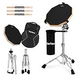 Starfavor Drum Practice Pad with Snare Drum Stand Set, 12-Inch Double Sided Silent Practice Pad Kit with Drum Sticks, Drumstick Holder, Carrying Bag, Black
