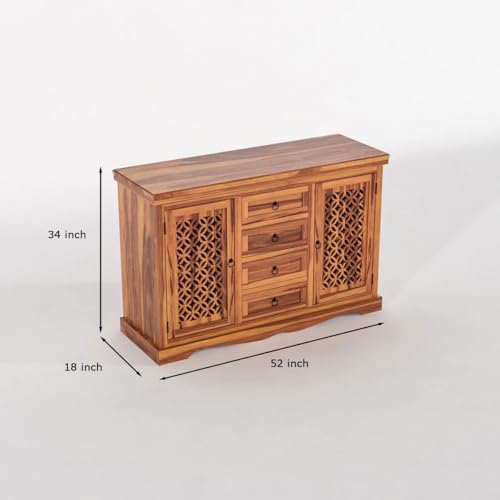 Image of Solid Sheesham Wood Sideboard and Cabinets | Wooden Side Board Media Console Tv Cabinet for Living Room | Standing Cabinet with 4 Drawers & 2 Door Cabinet Storage | Natural Finish