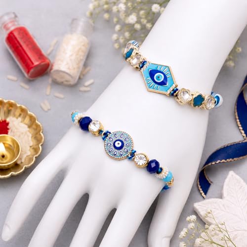 Image of To The Nines Evil Eye Rakhi for Brother with Tilak Material & Greeting Card - Set of 2 Rakhi