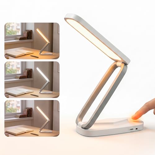 Image of LED Desk Lamp Rechargeable, Foldable & Portable Table Lamp for Study, Office & Home, 3 Brightness Levels with Touch Control, Wireless Battery Operated Reading Light, Eye-Caring LED Desk (White-Grey)