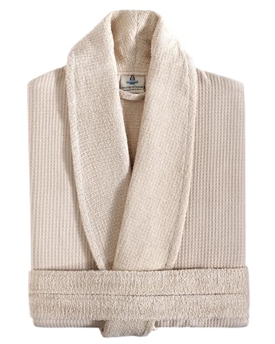 sea me at home Turkish Cotton Waffle Bathrobe, Luxury Spa Hotel Shawl Collar Robe for Women & Men, Plush Terry Inside (US, Alpha, X-Small, Regular, Regular, Beige)