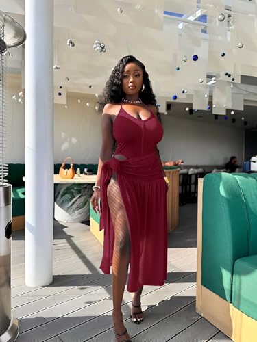 Image of Two Piece Skirt Set Women Sexy Halter Backless Bodysuit and Wrap Tied High Split Summer Maxi Skirt Set