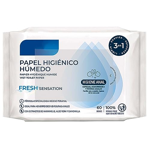 Acan Tradineur - Papel higiénico húmedo desechable, Fresh, Biodegradable, Apto para Inodoro, WC, higiene perianal, enriquecido con Hamamelis, Aloe Vera y camomila, 60 uds