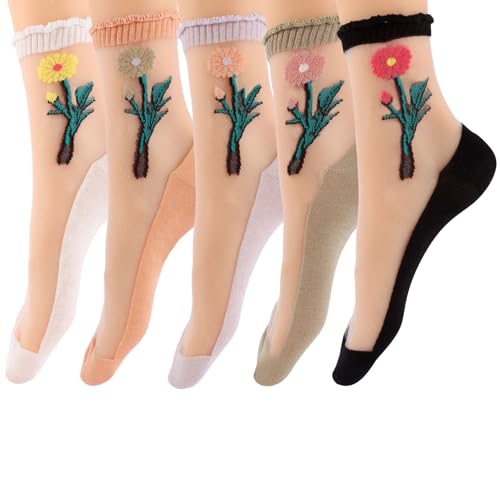 5 Pairs Sheer Ankle Socks, Thin Mesh Ruffle Lace Socks for Women Girls