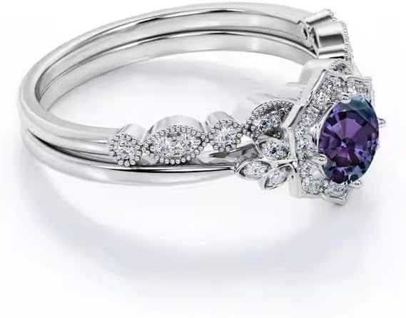 Round Shape Alexandrite With Moissanite Wedding Ring Set Art Deco 2 Piece Color Changing Engagement Ring Set for Women Bridal Promise Ring Set For Women Handmade Ring