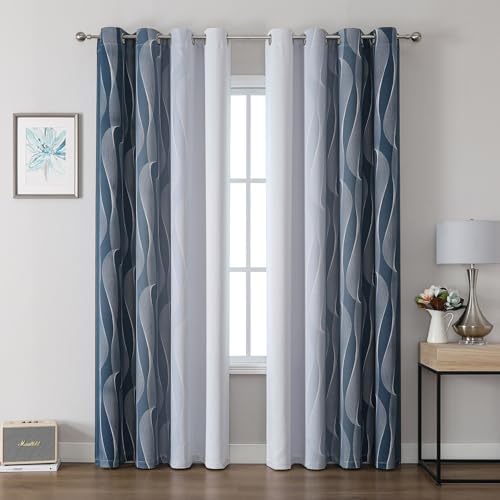 Gazal Vole Blau-weiße Ombre Vorhänge mit Wellenlinien, H228 x B140 cm, 2er Set mit Ösen, 80–90% lichtdämpfend, für Jungenzimmer Spielzimmer Wohnzimmer Büro