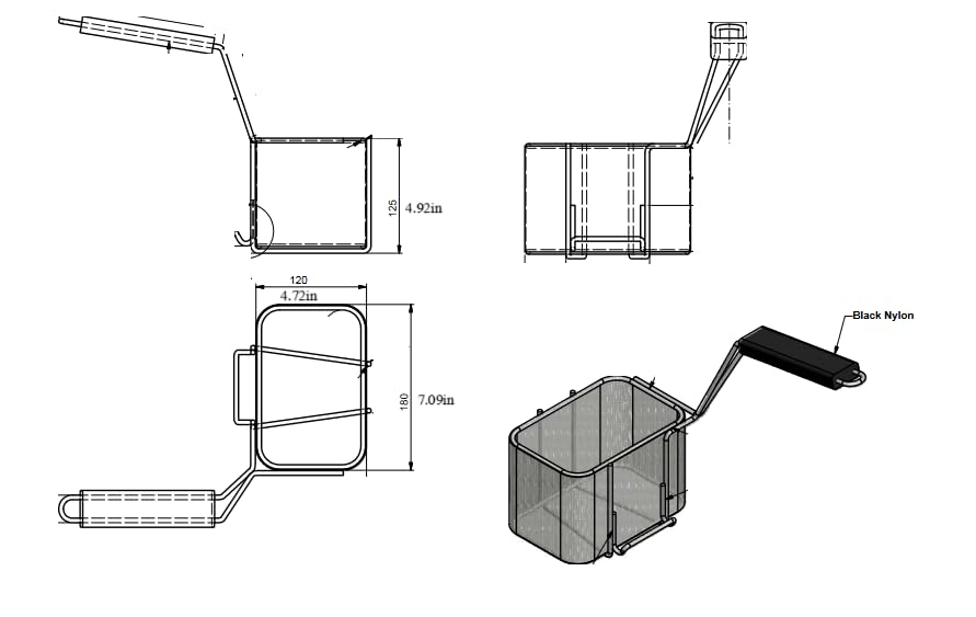 Quality Industries Pasta Basket, Black Nylon Handle, 90 Degree Handle, 180x120x125 mm, 7.1 x 4.7 x 4.9 in