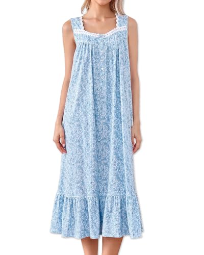 IZZY + TOBY Womens 100% Cotton Victorian Nightgown Soft Jersey Sleeveless Sleep Dress Vintage Blue Willow Lace Ruffle Hem Nightwear - Size XL