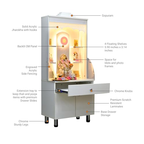 Image of The Mandir Store Wooden Mandir for Home | Ornamental Wooden Temple with Golden LED Strip Lights | 23.65 inches x 14 inches x 56 inches Compact and Spacious Pooja Mandir
