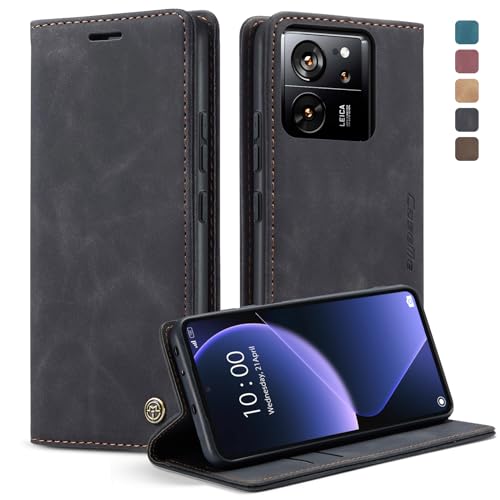 owlhold Handyhülle für Xiaomi 13T/13T Pro Hülle Premium Lederhülle Weiches Vintage-Nubukleder Faltbare Ständer Klapphülle Kartenfach Standfunktion stoßfest Schutzhülle für Xiaomi 13T/13T Pro -Schwarz