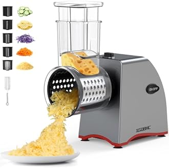 Electric Cheese Grater, Upgraded Salad Maker with 5 Replaceable Stainless Blades, 250W Electric Cheese Shredder, One-Touch Control Vegetable Cutter Kitchen Slicer for Cheeses, Fruits, Nuts
