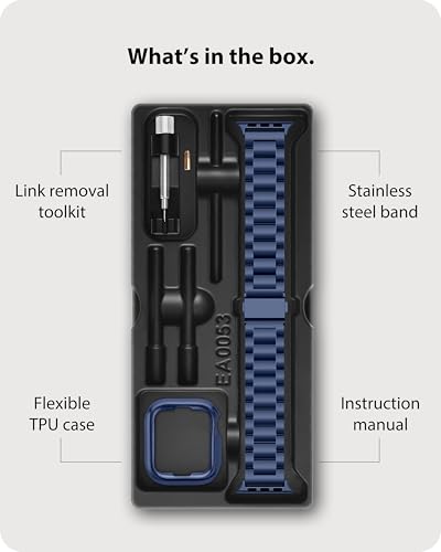 Image of Fullmosa Metal Band with Case for Apple Watch 45 /44 /42mm | Fits iWatch Series 9 /8 /7 /6 /5 /4 /3 /2 /1,SE3 /2 /1,Stainless Steel Strap for Men Women Professional Office Blue