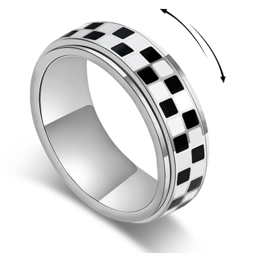 Checkered Fidget Ring for Men - 8mm 18K Gold Plated Stainless Steel Anxiety Spinner Jewelry for Adults, Modern Black and White Checkerboard Roating Ring for Stress Relief Gift for Men Women