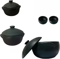 Kit Panela de Barro P, M e G (1 Litro, 2 Litros,5 Litros) + 2 cumbucas Kit Caçarola Curada Caldo Tacho(3 Panelas + 2 Cumbucas)