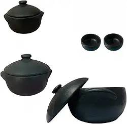 Kit Panela de Barro P, M e G (1 Litro, 2 Litros,5 Litros) + 2 cumbucas Kit Caçarola Curada Caldo Tacho(3 Panelas + 2 Cumbucas)