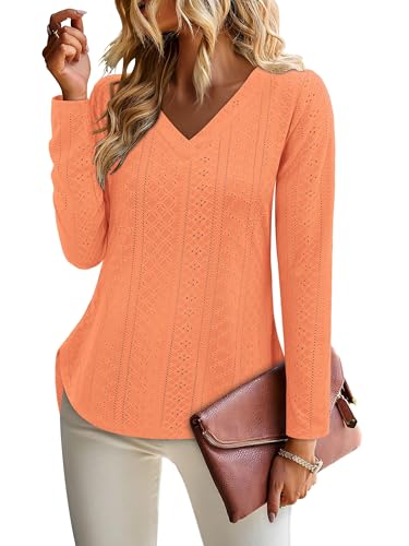 KISSMODA Long Sleeve Fall Shirts For Women V Neck Tunic Tops Embroidered Button Down Knitted Blouses 2025