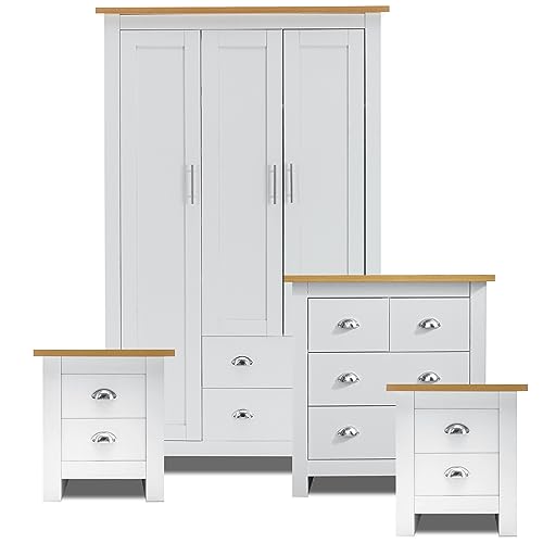 Blisswood 4 Piece Bedroom Set With 3 Door Wardrobe & 2+2 Drawer Chest of Drawer + 2 Drawer 2 Bedside Table Cabinet Bedroom Furniture Set for Bedroom Storage furniture (White & Oak)