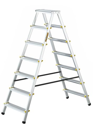 DRABEST Klapptritt Alu Leiter Klappbar Beidseitig 2x7 Stufen Trittleiter bis 150 kg Belastbar Haushaltsleiter