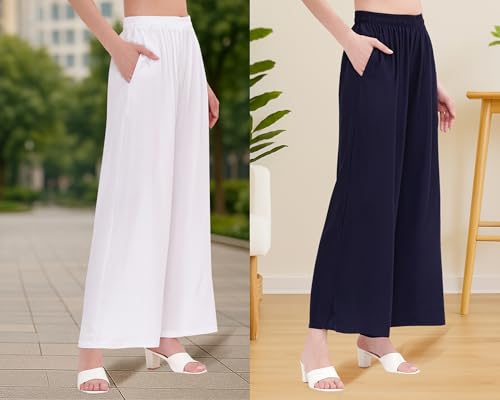 Image of Buy That Trendz Palazzo Pants for Women Cotton Rayon Elasticated Regular Fit Flared Wide Leg M to 6XL Pack of 2