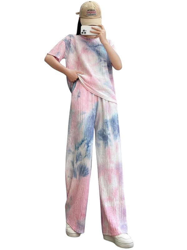 SMOWKLY Women’s Tie-Dye Pajama Set | Relaxed Fit Short Sleeve Top & Long Pants Sleepwear | Soft & Comfy Lounge Wear Set with Pockets Winter wear Nightdress for Women | Trendy Korean Nightsuit Set