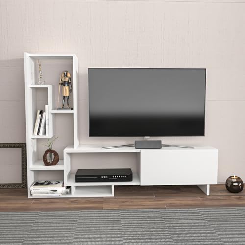 DECOROTIKA Pegai Meuble TV Moderne Blanc avec étagères de Rangement pour Salon, Chambre à Coucher, Meuble TV pour téléviseurs jusqu'à 55