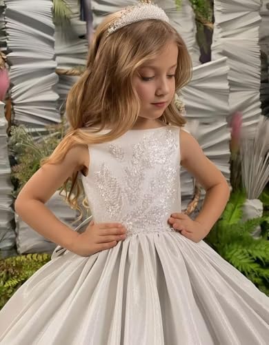 Satin Flower Girl Dresses for Wedding Lace Applique First Communion Dress Princess Pageant Ball Gown WT084